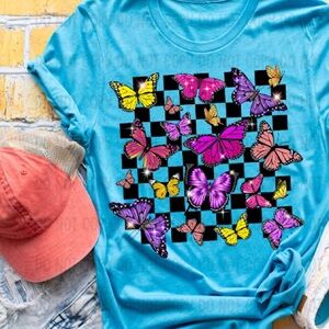 Kids Butterfly Tee Neon Blue Multicolor Bella Canvas Small-XL